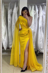Amazing Glitter Sequins One Shoulder Evening Dress with Side Sweep Tulle Train Cape