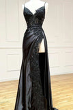 Amazing Long Black V-neck Spaghetti Straps Lace Sleeveless Prom Dresses With Split