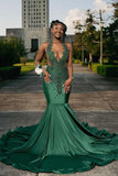 Amazing Long Dark Green Mermaid Sleeveless Beading Prom Dresses With Lace