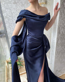Amazing Long Navy Off-the-shoulder Mermaid Prom Dresses With Split