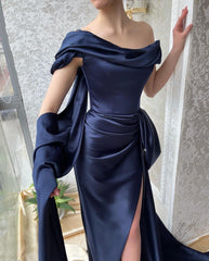 Amazing Long Navy Off-the-shoulder Mermaid Prom Dresses With Split
