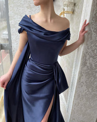 Amazing Long Navy Off-the-shoulder Mermaid Prom Dresses With Split
