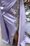 Amazing Long Purple High Neck Lace Beading Satin Evening Dress With Slit BC16428
