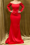 Amazing Long Red Strapless Satin Mermaid Evening Prom Dresses With Long Sleeves