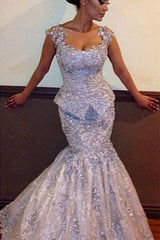 Amazing Mermaid Open Back Prom Dress Appliques Sleeveless Sequins Evening Dresses BO7011