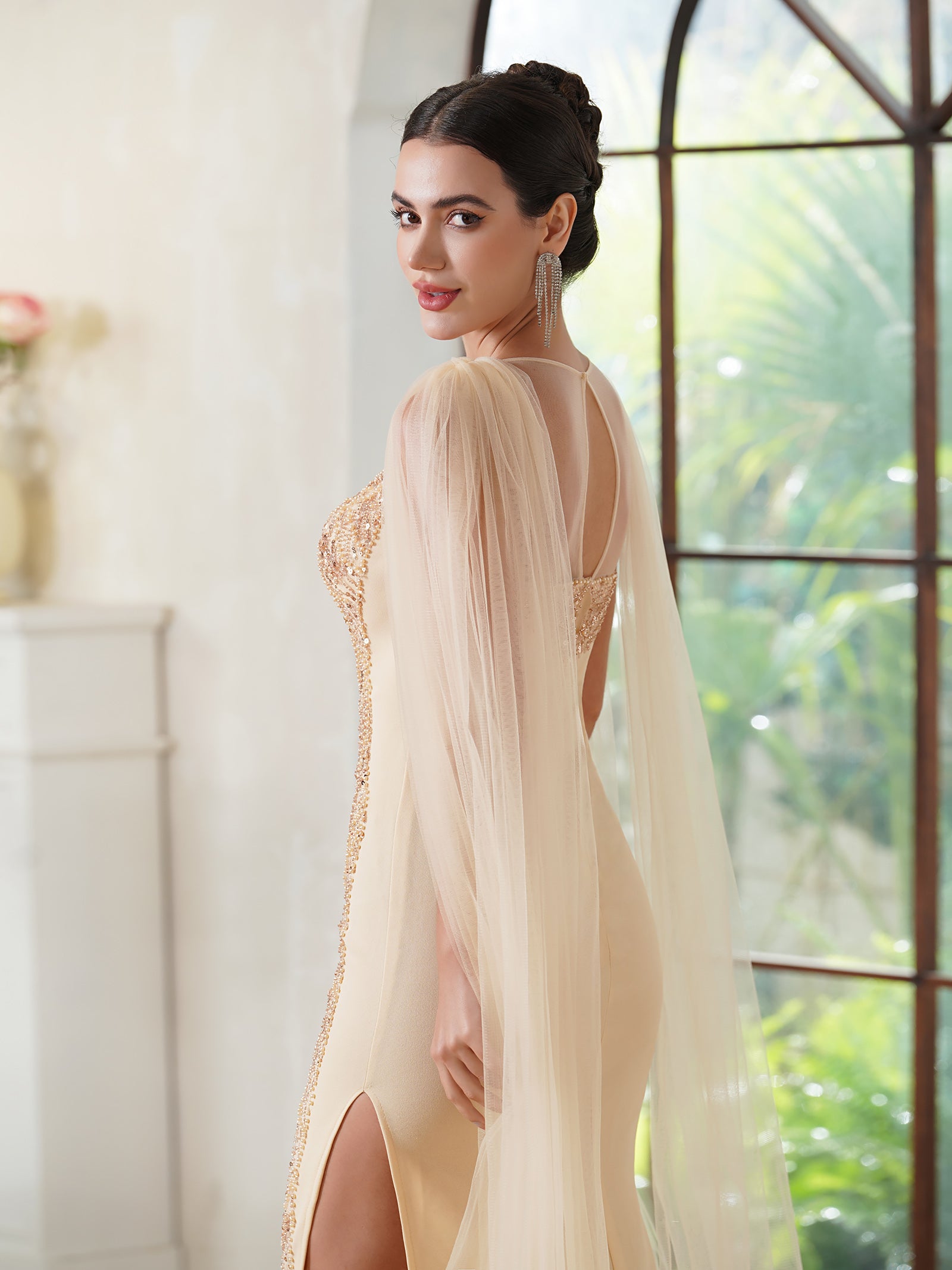 Amazing Mermaid Polyester Knitted Scoop Sleeveless Champagne Gold Prom Dresses With Beading Zipper Split Front