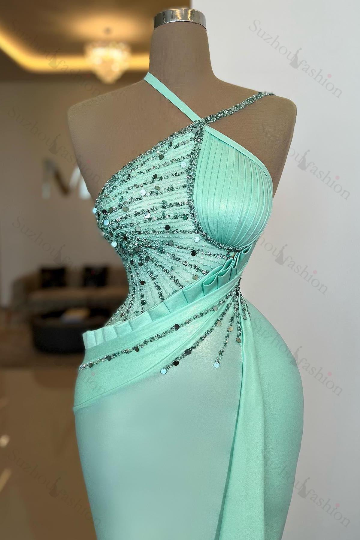 Amazing Mint Green Prom Dress Halter Sleeveless Ruffled Evening Formal Dress With Sequins