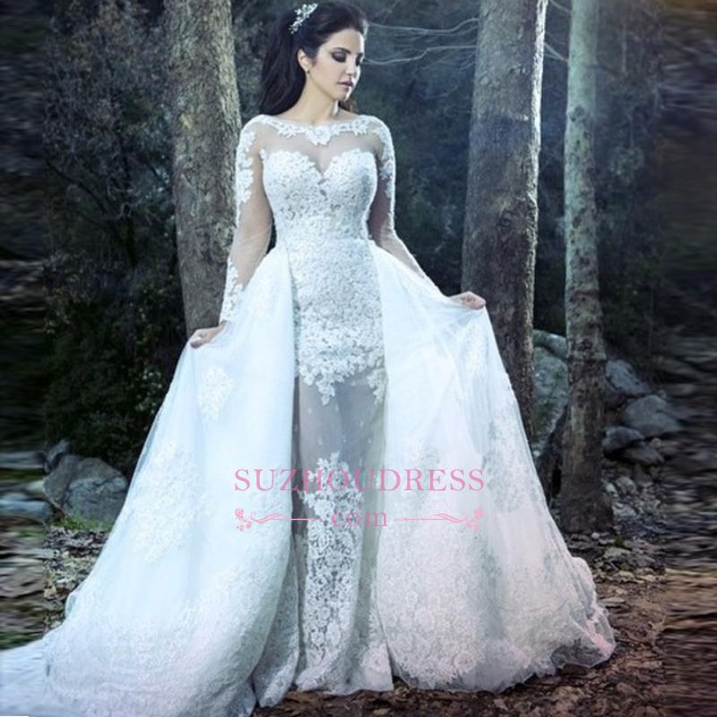 Amazing Sheath Long Sleeve Wedding Gowns Lace Sheer Tulle Overskirt Wedding Dresses