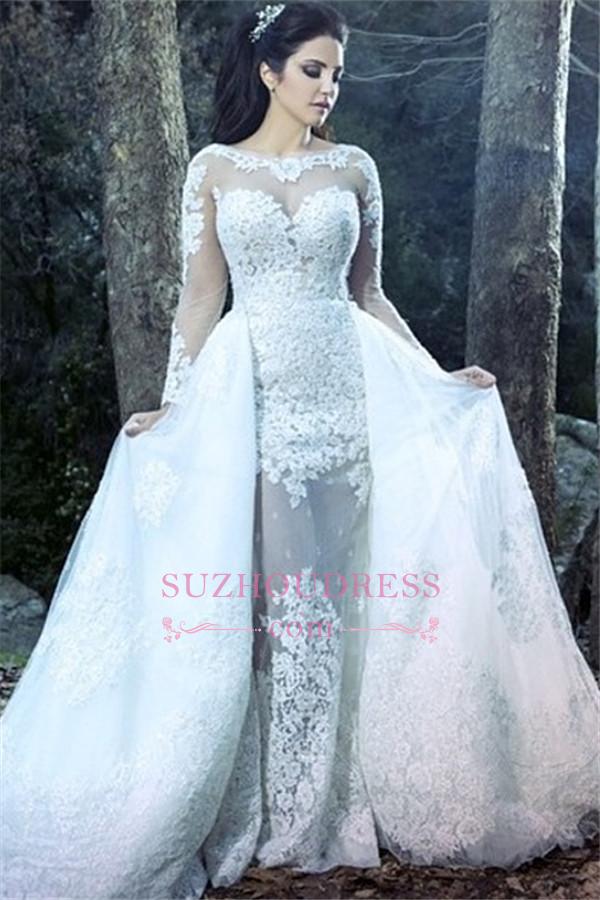 Amazing Sheath Long Sleeve Wedding Gowns Lace Sheer Tulle Overskirt Wedding Dresses