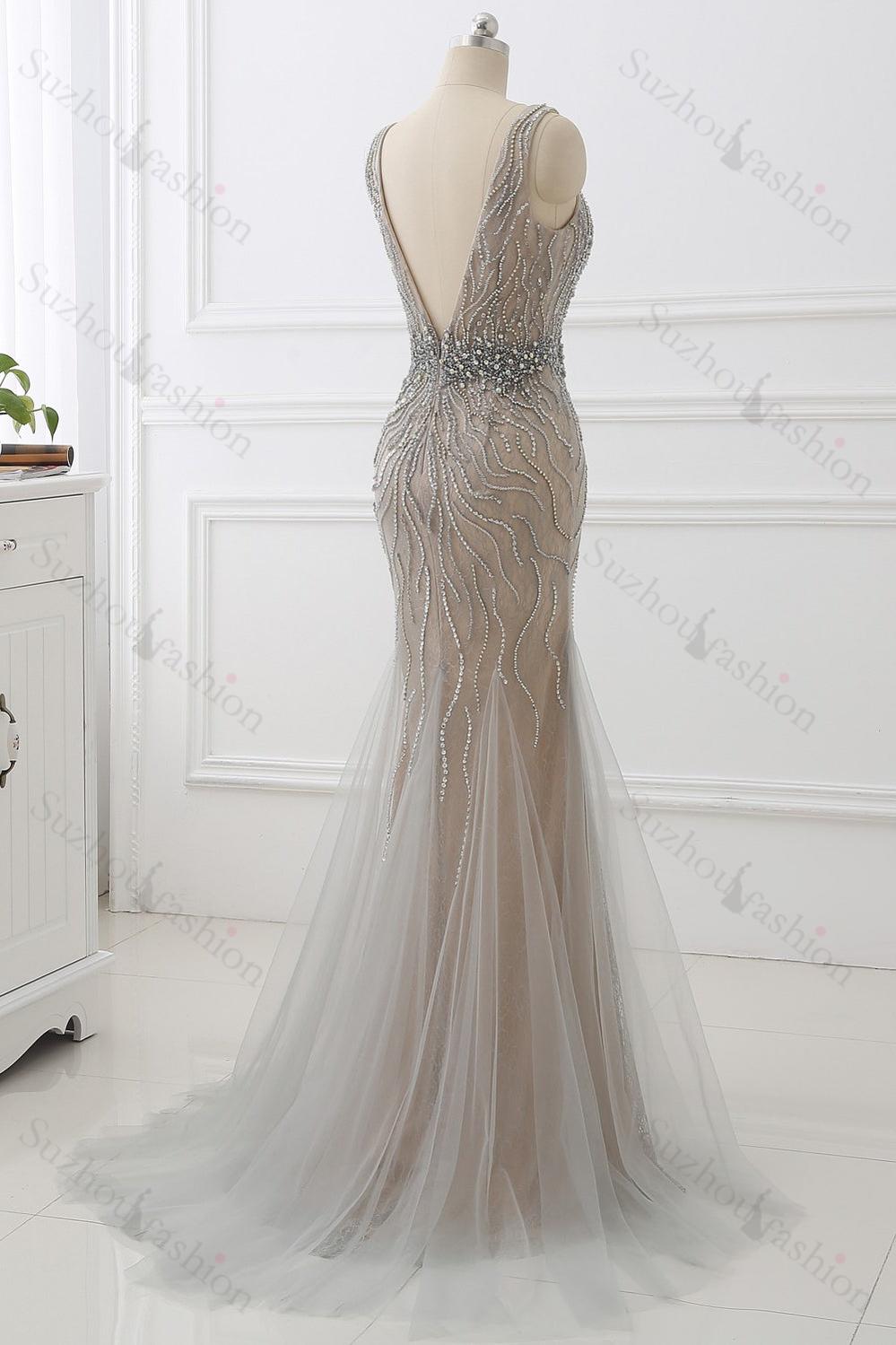 Amazing Tulle Sleeveless V Neck Evening Formal Dress Mermaid With Beading