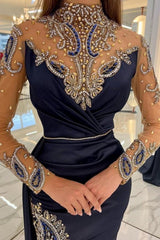 Amzing Navy Blue Long Glitter Holiday Dress Prom Dresses With Sleeves