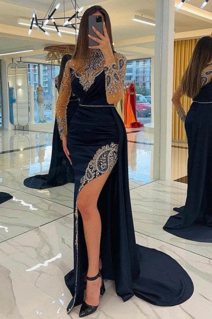 Amzing Navy Blue Long Glitter Holiday Dress Prom Dresses With Sleeves