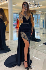 Amzing Navy Blue Long Glitter Holiday Dress Prom Dresses With Sleeves