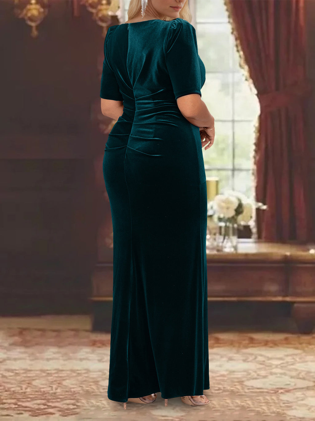 Ankle Length A Line Scoop Neck Mother of the Bride Dress with Half Sleeves and Ruffles
