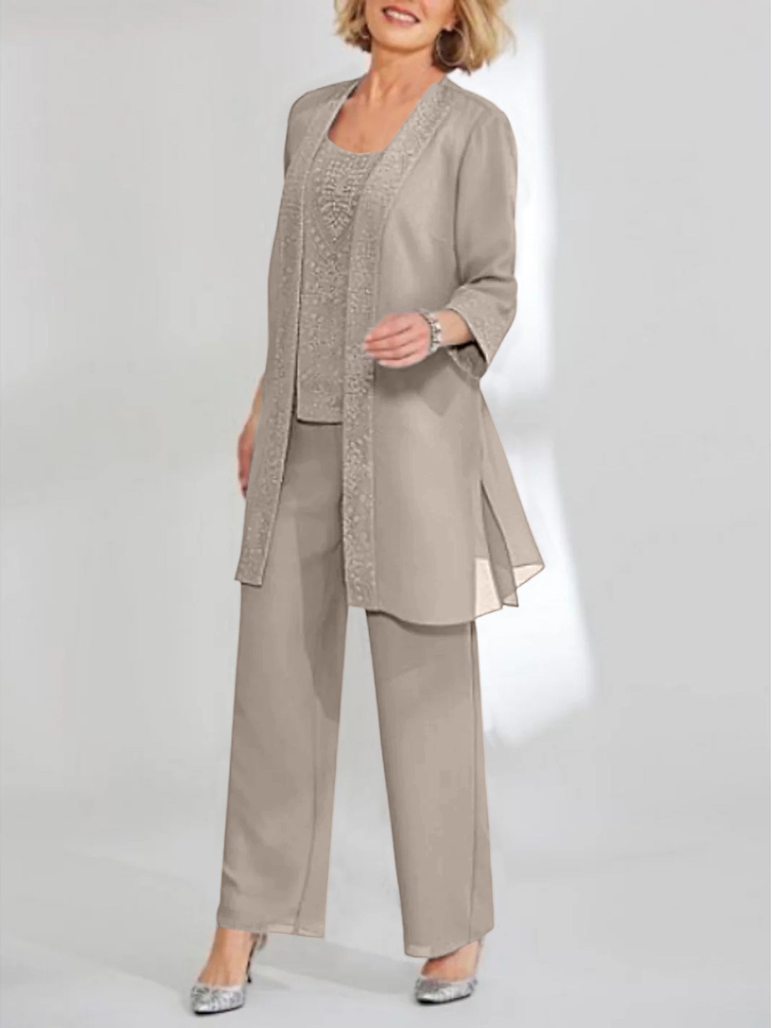 Ankle Length Chiffon Mother of the Bride Pantsuit with Jacket in Scoop Style