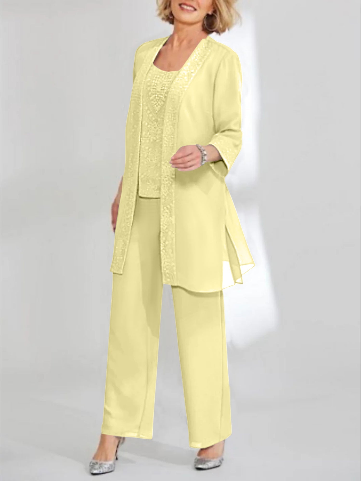 Ankle Length Chiffon Mother of the Bride Pantsuit with Jacket in Scoop Style