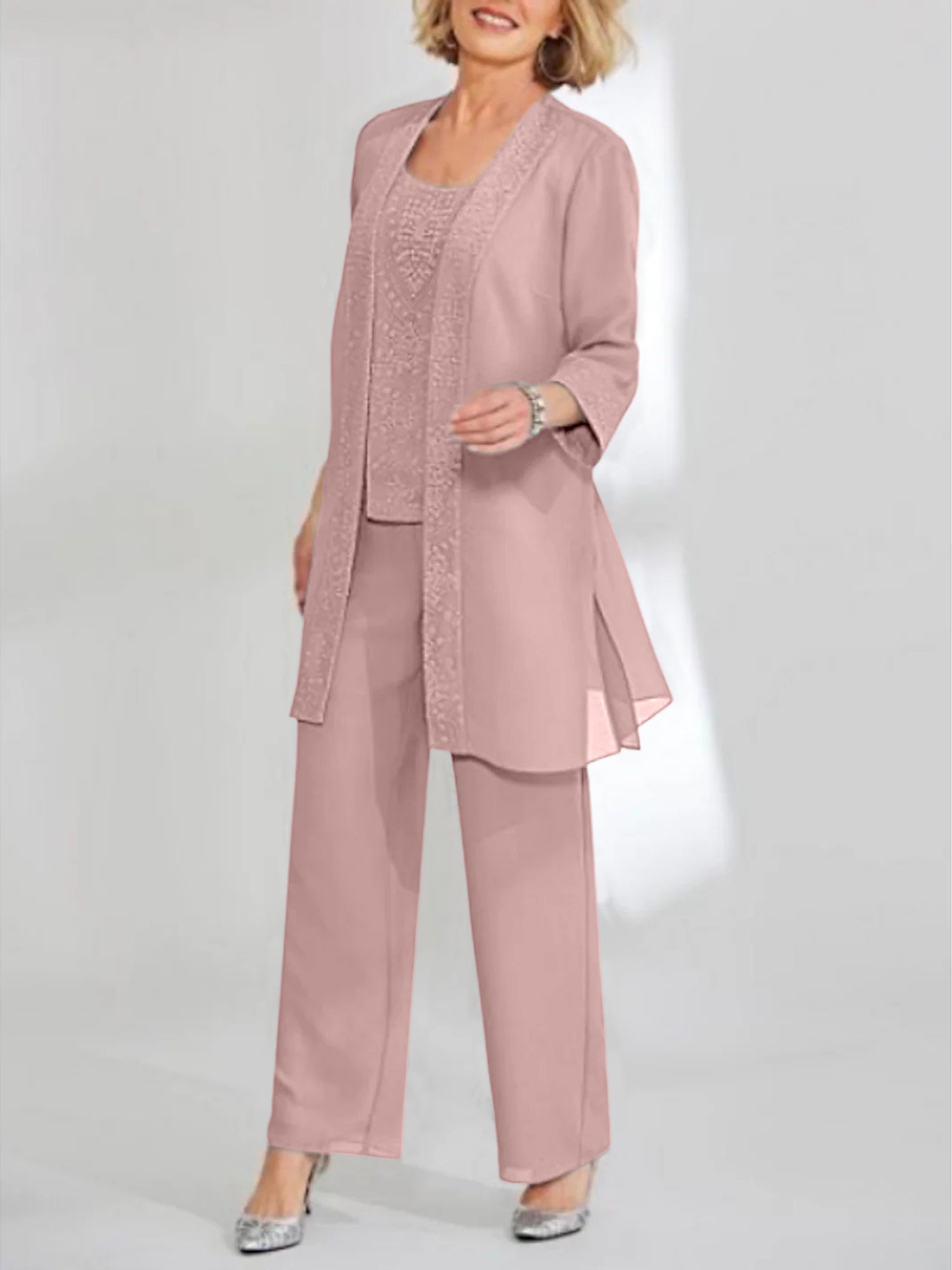 Ankle Length Chiffon Mother of the Bride Pantsuit with Jacket in Scoop Style