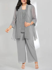 Ankle Length Chiffon Mother of the Bride Pantsuit with Jacket in Scoop Style