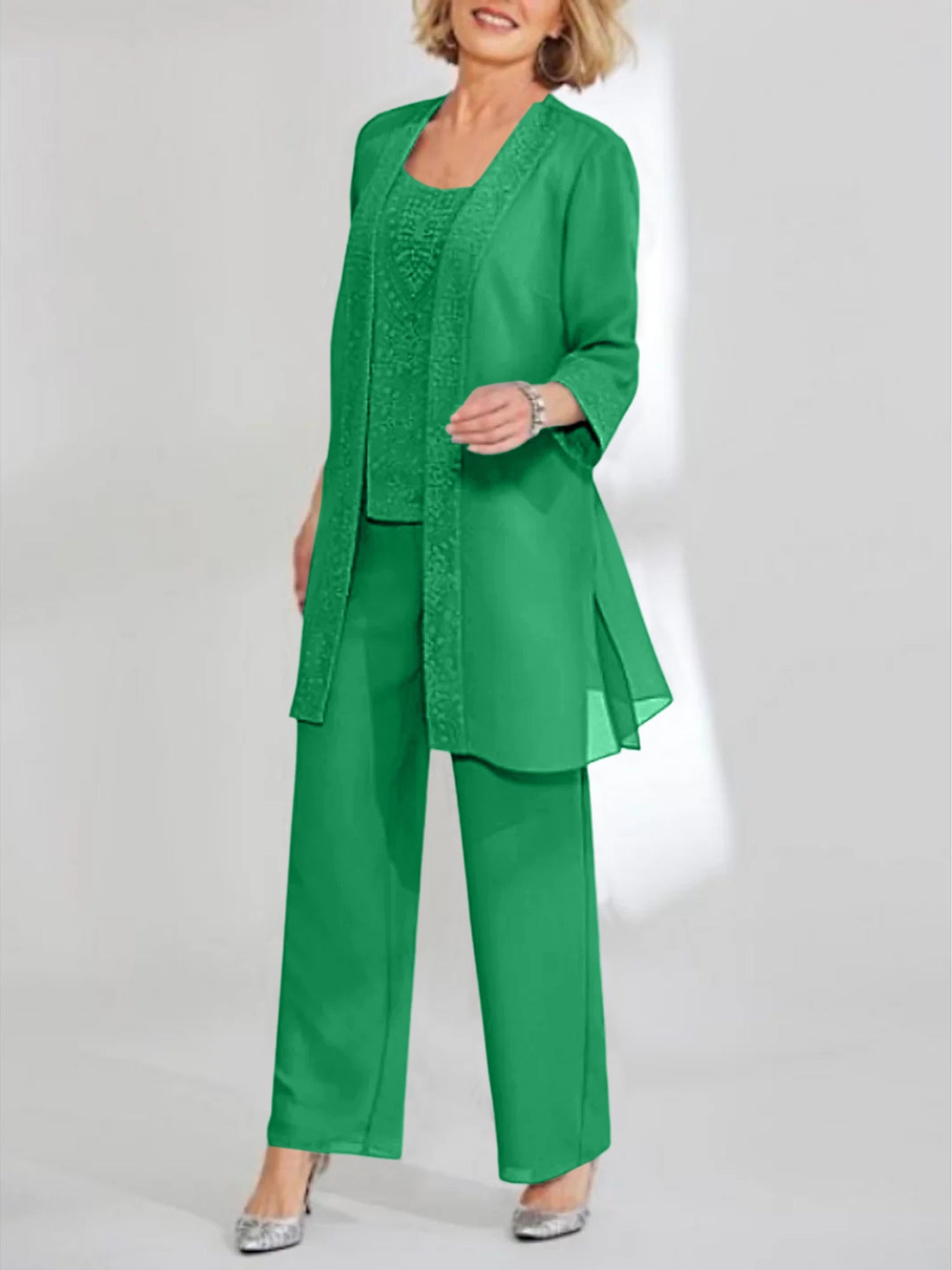 Ankle Length Chiffon Mother of the Bride Pantsuit with Jacket in Scoop Style