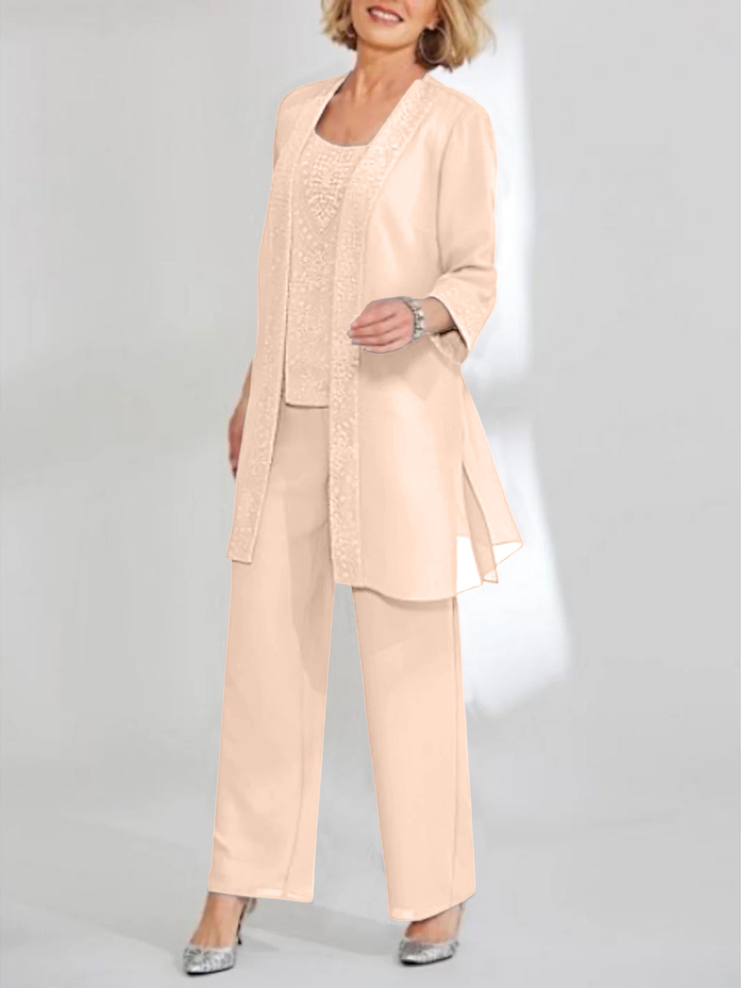 Ankle Length Chiffon Mother of the Bride Pantsuit with Jacket in Scoop Style