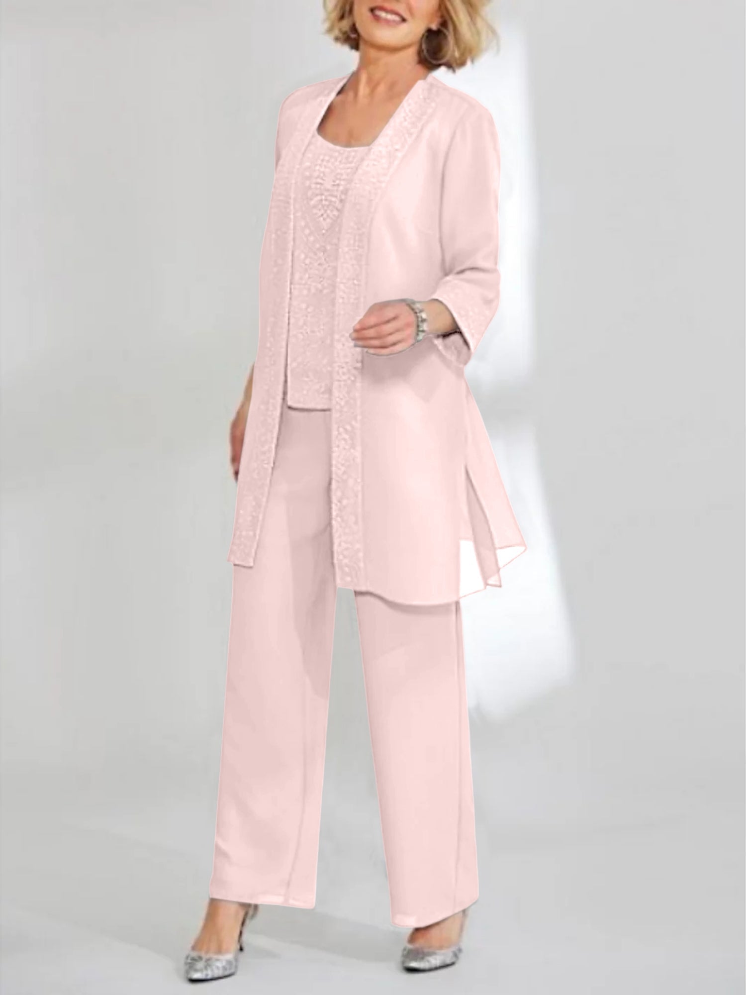 Ankle Length Chiffon Mother of the Bride Pantsuit with Jacket in Scoop Style