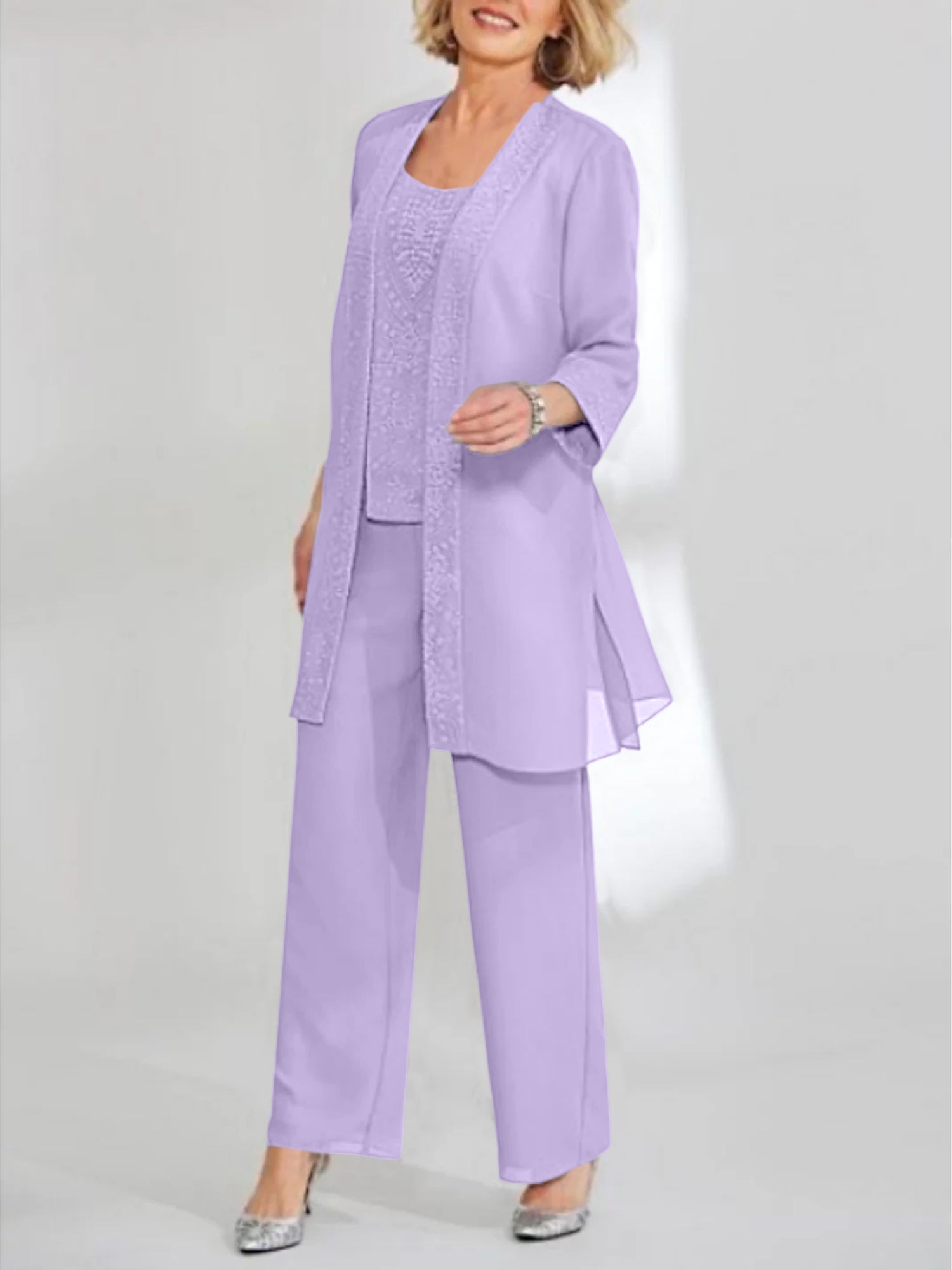 Ankle Length Chiffon Mother of the Bride Pantsuit with Jacket in Scoop Style