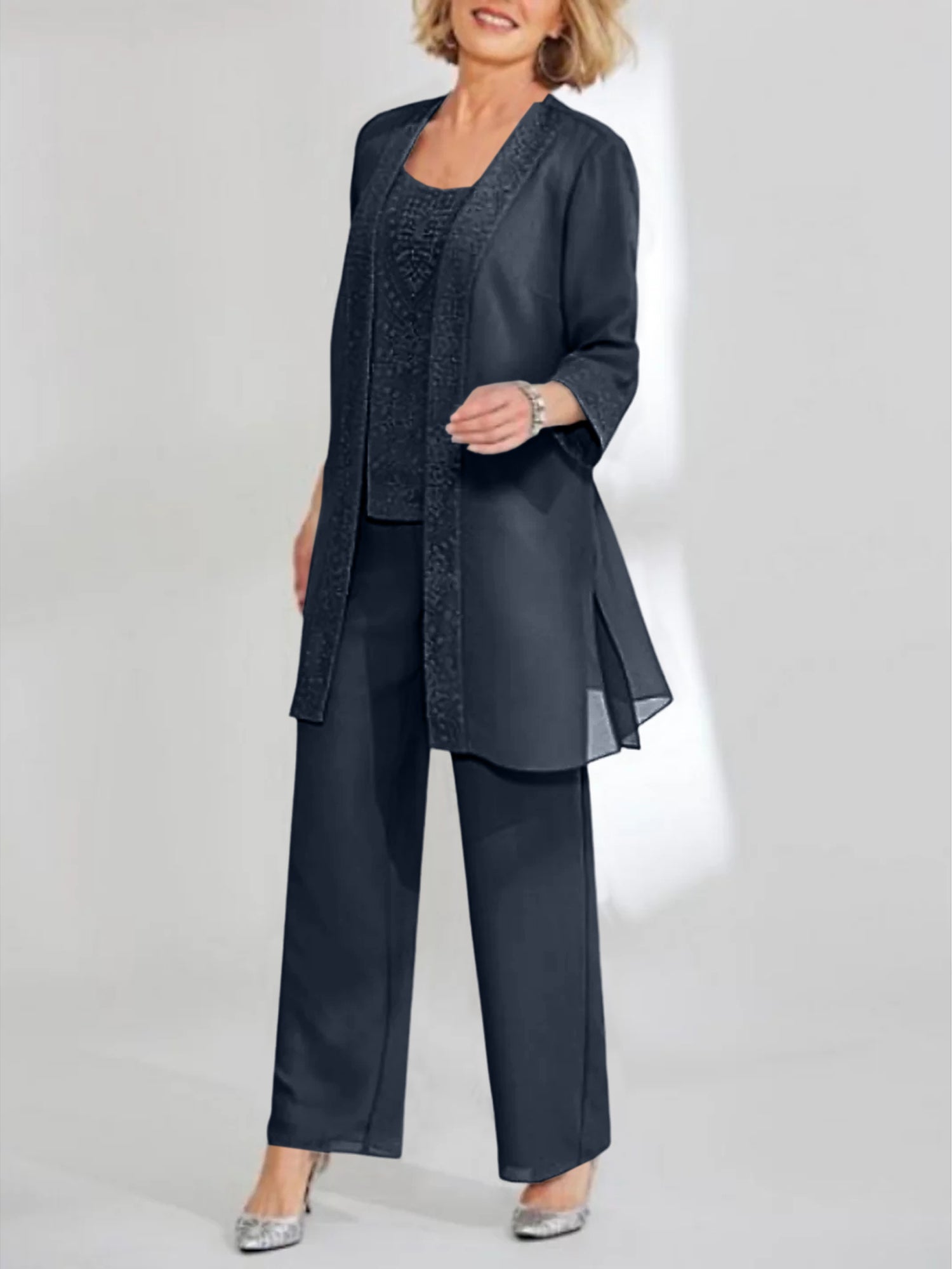 Ankle Length Chiffon Mother of the Bride Pantsuit with Jacket in Scoop Style