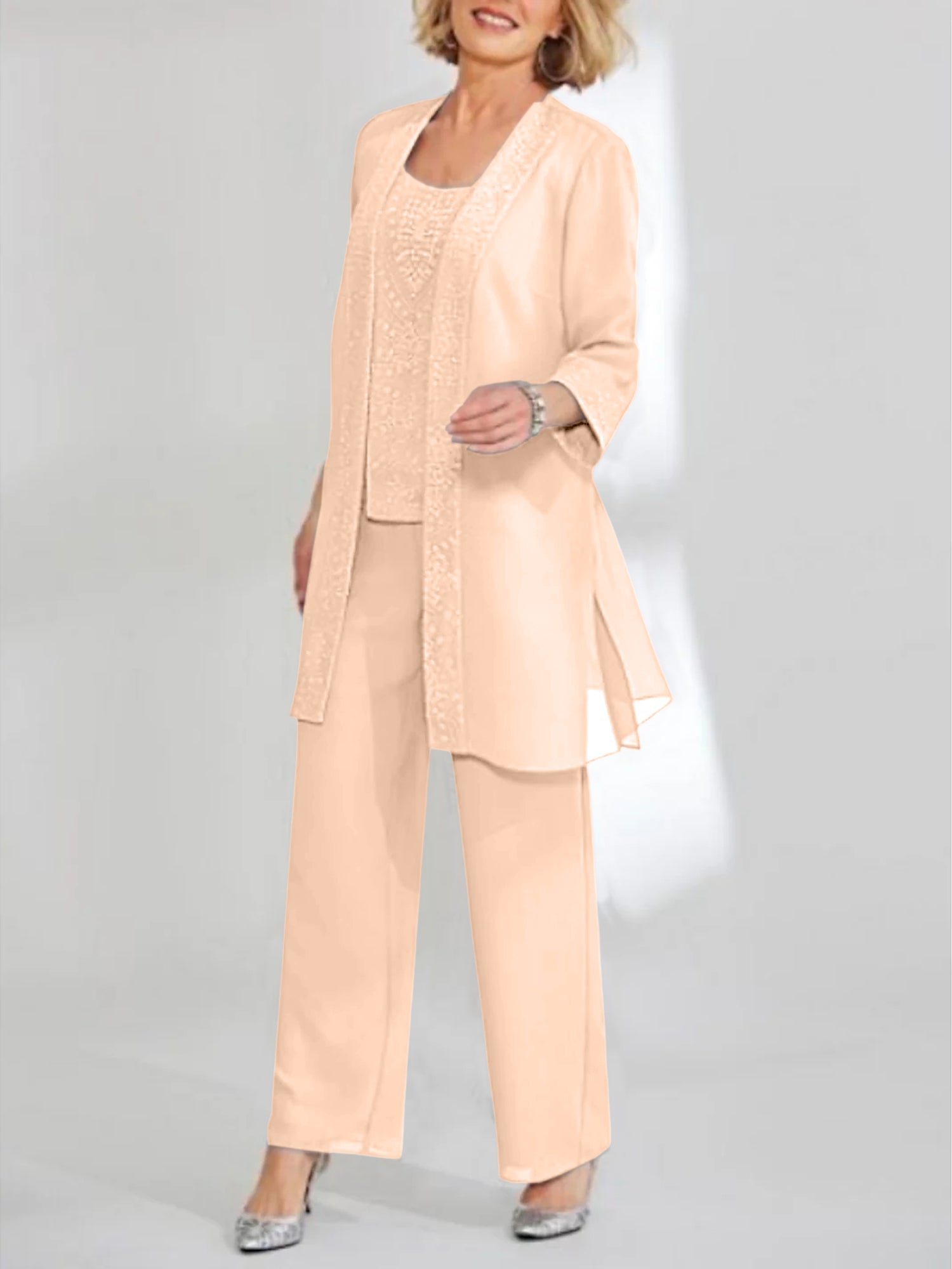 Ankle Length Chiffon Mother of the Bride Pantsuit with Jacket in Scoop Style