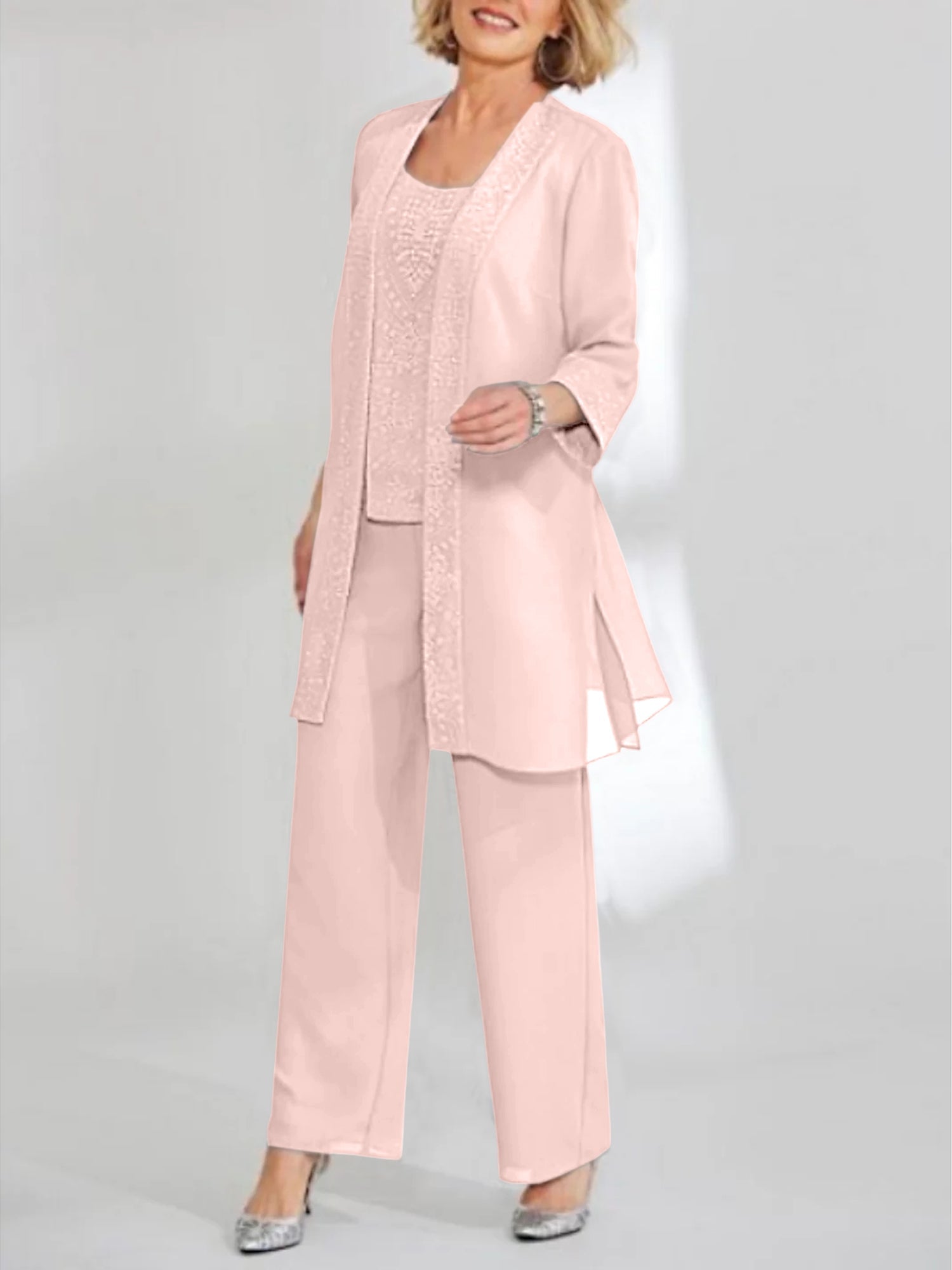 Ankle Length Chiffon Mother of the Bride Pantsuit with Jacket in Scoop Style