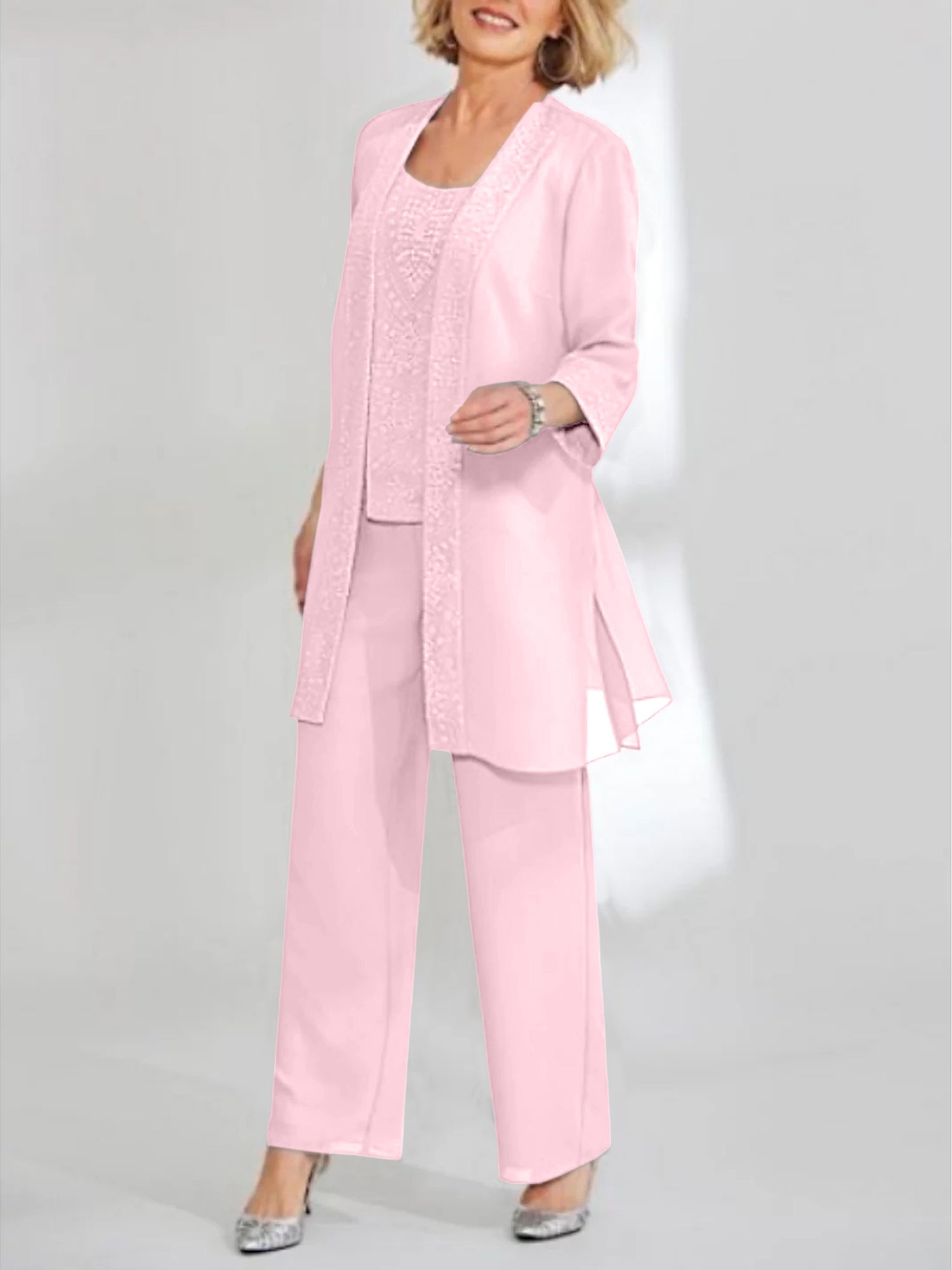 Ankle Length Chiffon Mother of the Bride Pantsuit with Jacket in Scoop Style