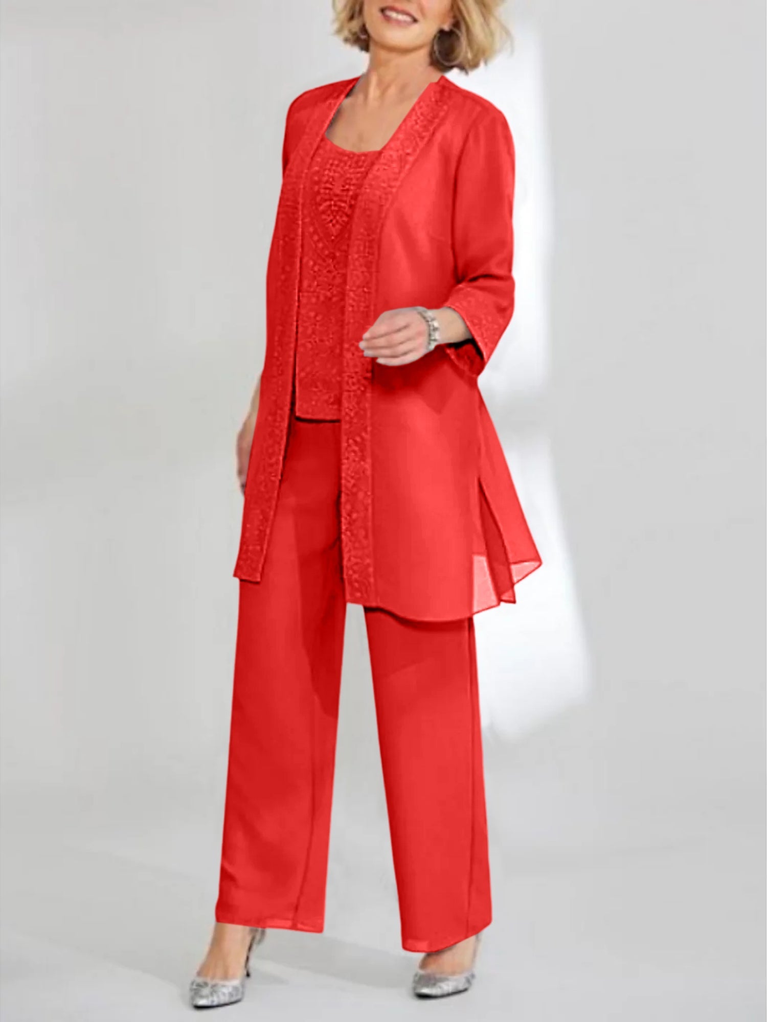 Ankle Length Chiffon Mother of the Bride Pantsuit with Jacket in Scoop Style