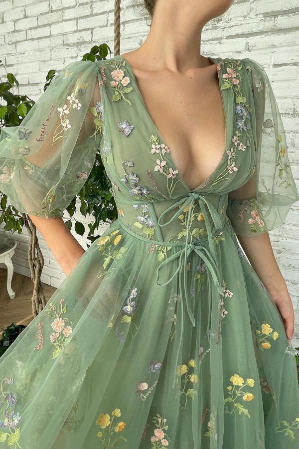 Ankle Length Green V-Neck A-Line Prom Dresses with Sleeves | Suzhoufashion Ankle Length Green V-Neck A-Line Prom Dresses with Sleeves | Suzhoufashion