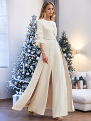Ankle Length Mother of the Bride Feather Adorned Pantsuits with Jewel Neck and Half Sleeves
