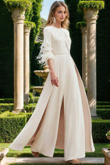 Ankle Length Mother of the Bride Feather Adorned Pantsuits with Jewel Neck and Half Sleeves