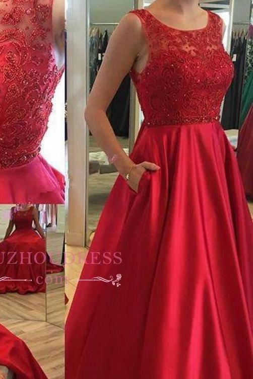 Applique Elegant Ruby Open-Back Long A-Line Sleeveless Prom Dresses