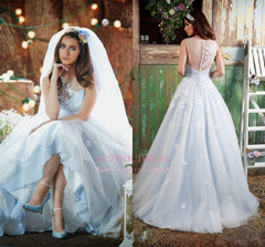 Applique Ice Blue Long Bridal Dresses Tulle Delicate Sleeveless Wedding Dresses