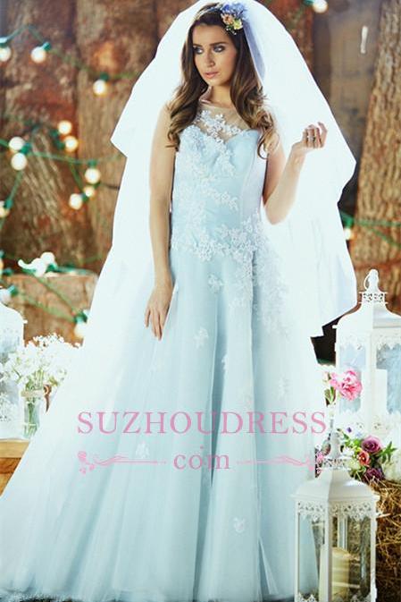 Applique Ice Blue Long Bridal Dresses Tulle Delicate Sleeveless Wedding Dresses