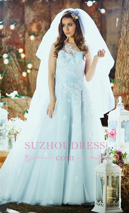 Applique Ice Blue Long Bridal Dresses Tulle Delicate Sleeveless Wedding Dresses