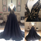 Applique Long Black V-Neck Sleeveless Gorgeous A-Line Evening Dresses BA4336