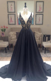 Applique Long Black V-Neck Sleeveless Gorgeous A-Line Evening Dresses BA4336