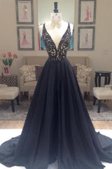 Applique Long Black V-Neck Sleeveless Gorgeous A-Line Evening Dresses BA4336