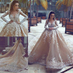 Appliques Ball-Gown Long-Sleeve Beadings Luxurious Wedding Dress