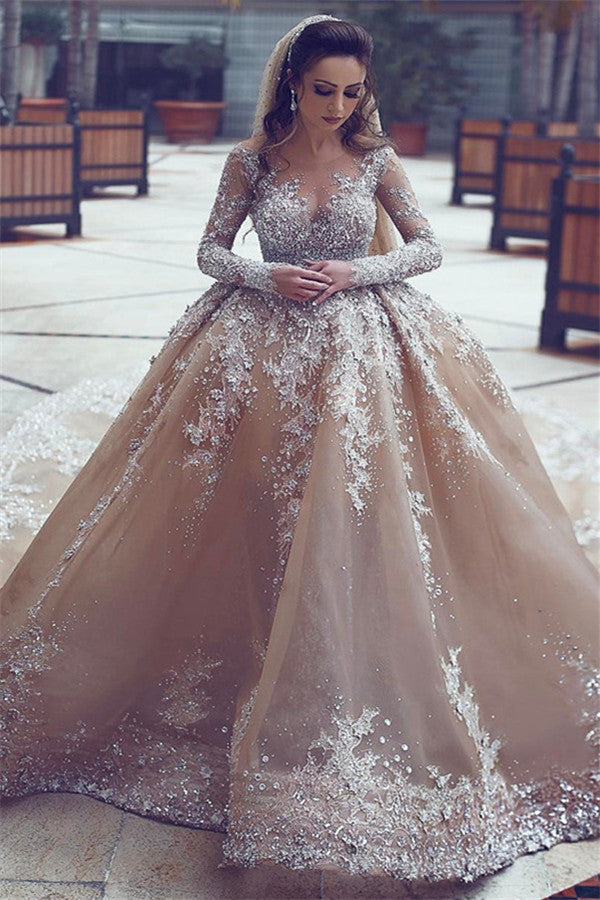Appliques Ball-Gown Long-Sleeve Beadings Luxurious Wedding Dress
