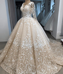 Appliques Ball-Gown Long-Sleeves Scoop Brilliant Wedding Dresses