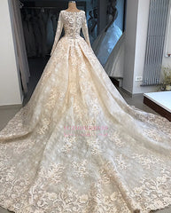 Appliques Ball-Gown Scoop Excellent Long-Sleeves Wedding Dresses