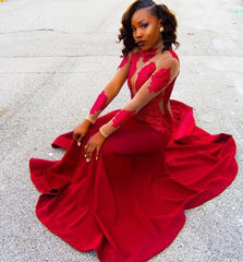 Appliques Lace High-Neck Long-Sleeve Red Sheath Poprlar Prom Dress