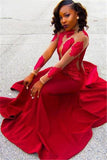 Appliques Lace High-Neck Long-Sleeve Red Sheath Poprlar Prom Dress
