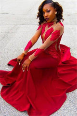 Appliques Lace High-Neck Long-Sleeve Red Sheath Poprlar Prom Dress