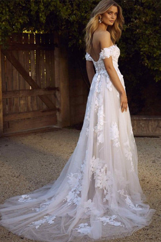 Appliques Lace Off-the-shoulder Tulle Charming A-line Wedding Dresses