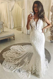 Appliques Spaghetti Straps Wedding Dresses | Mermaid Lace Train Bridal Gowns